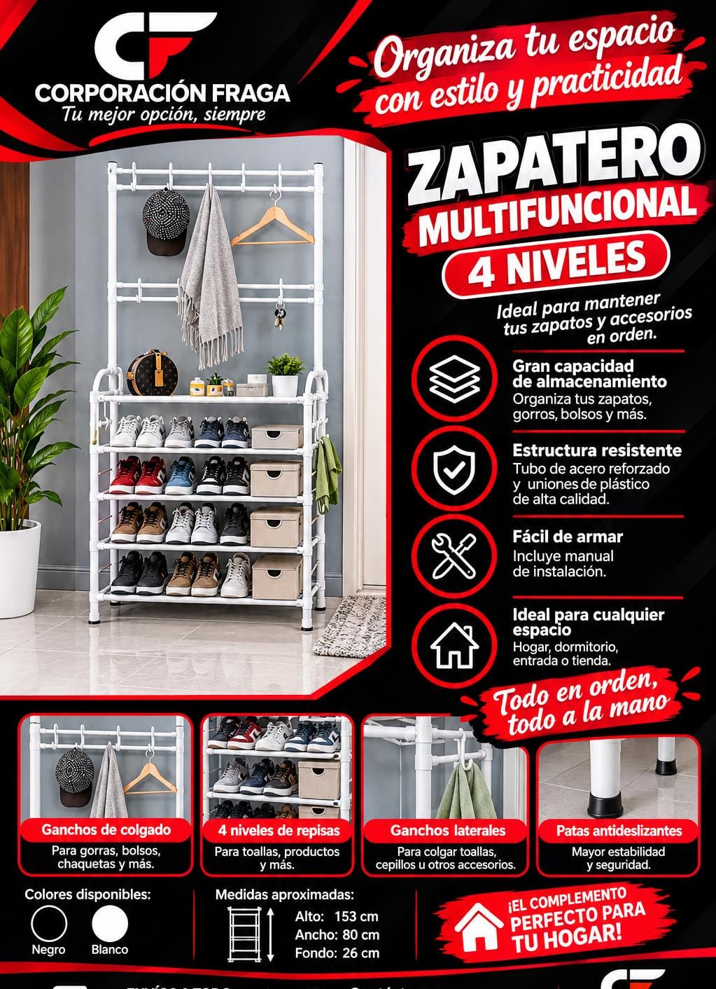ZAPATERA PERCHERO CON TORNILLO  DE 4 NIVELES